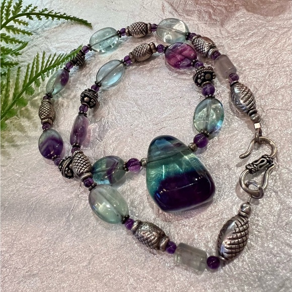 Natural Fluorite 925 Sterling silver Necklace. Large Tri-color Fluorite Pendant - Picture 15 of 15